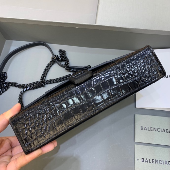 Balenciaga Big Hourglass Wallet With Chain Crocodile Embossed Shoulder Bag Black